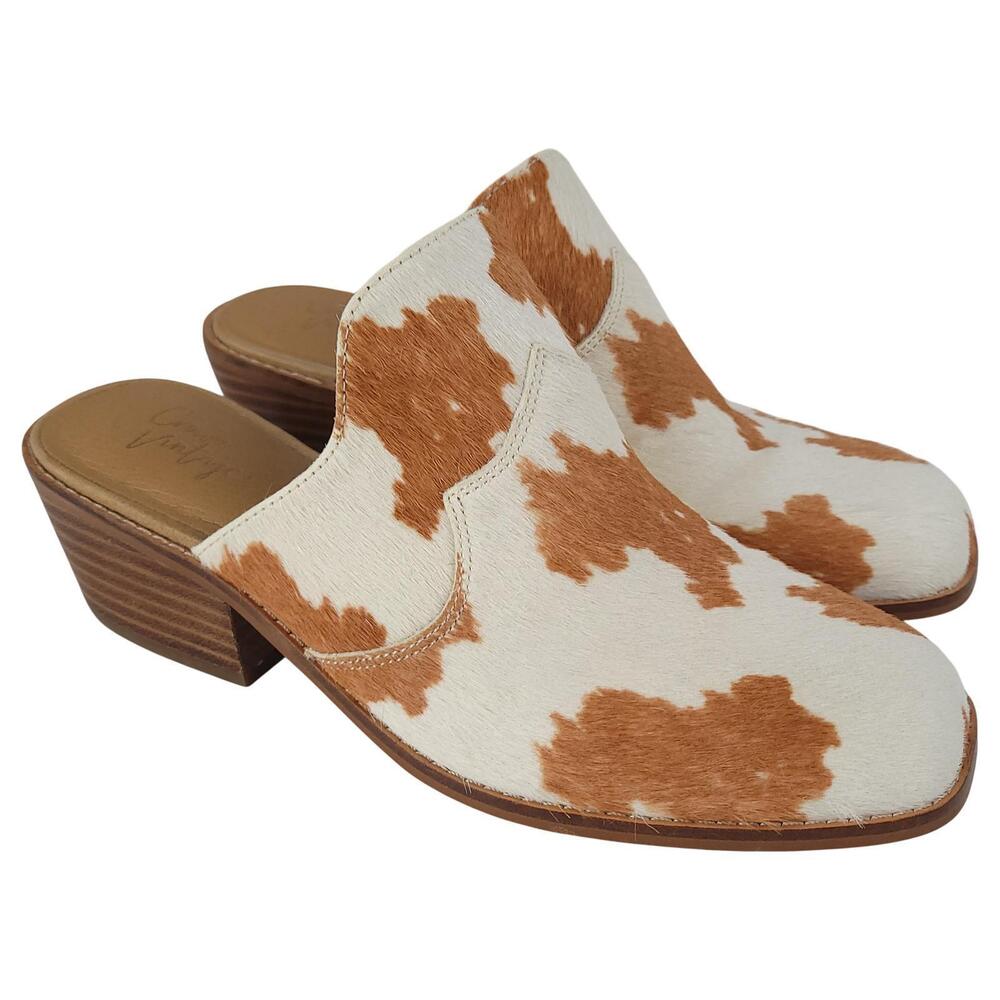 Crown Vintage Galiena Mules 6.5M Brown Cow Hair Slip On Block Heel Square Toe